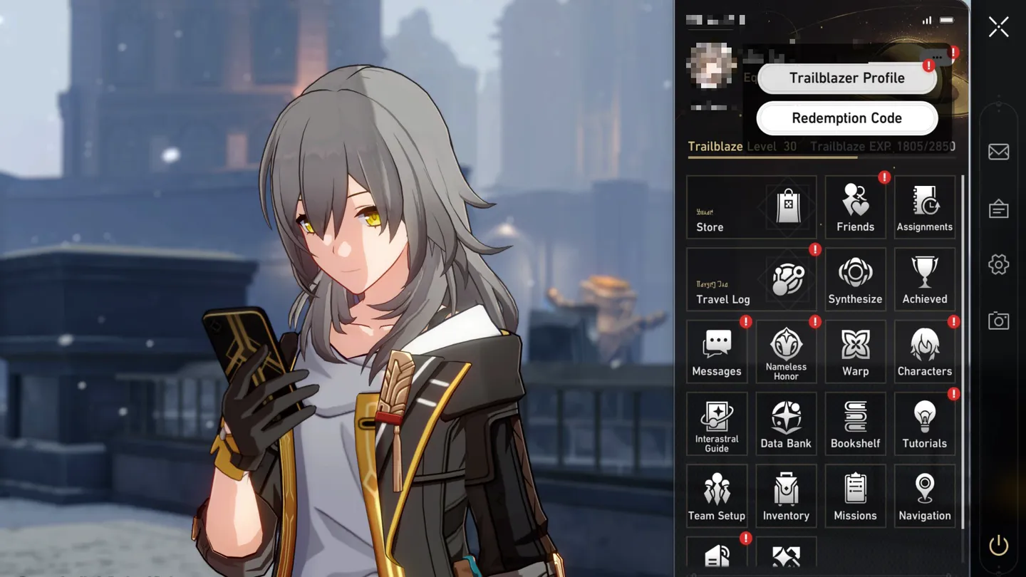 Honkai Star Rail Phone menu with the Redemption Code option open